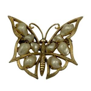 Marboux Marcel Boucher Vintage Gold Tone Large Butterfly Brooch Faux Pearl 50s